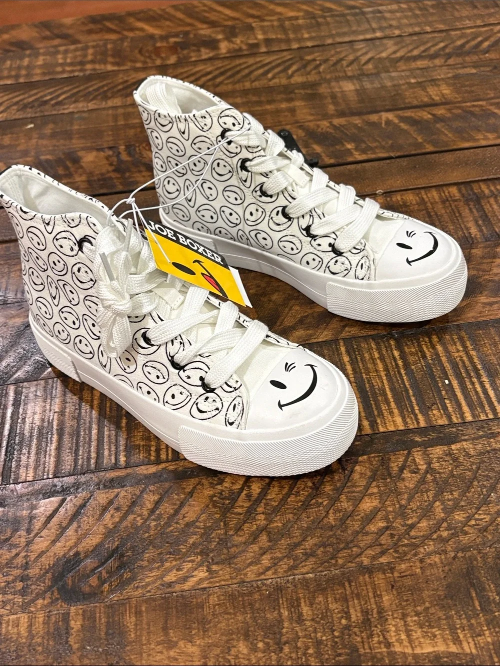 Joe Boxer White Canvas High-Top Sneakers with Black Smiley Pattern